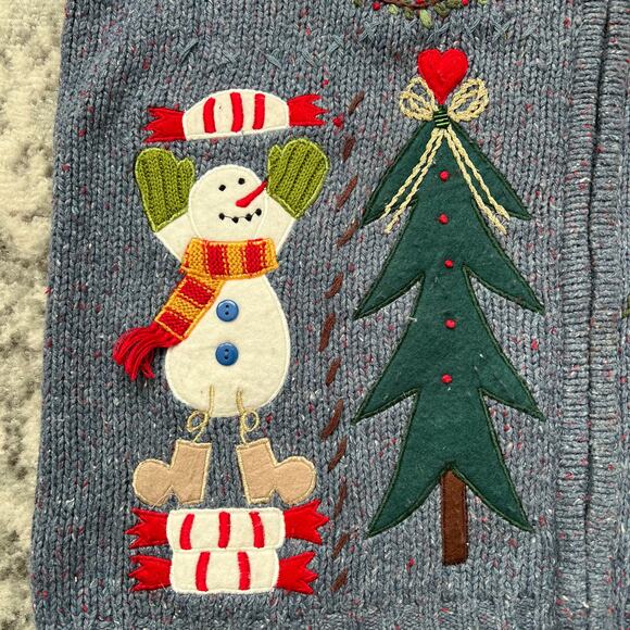 Theme Works Blue Primitive Snowman Full Zip Sweater Vest Large Grandmacore - Picture 6 of 8